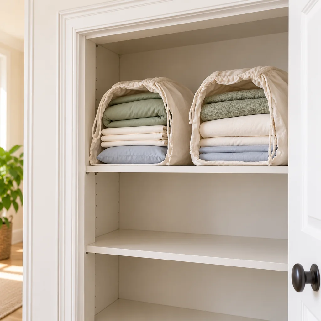 Light guest bedding in two breathable cotton bags on the top linen closet shelf