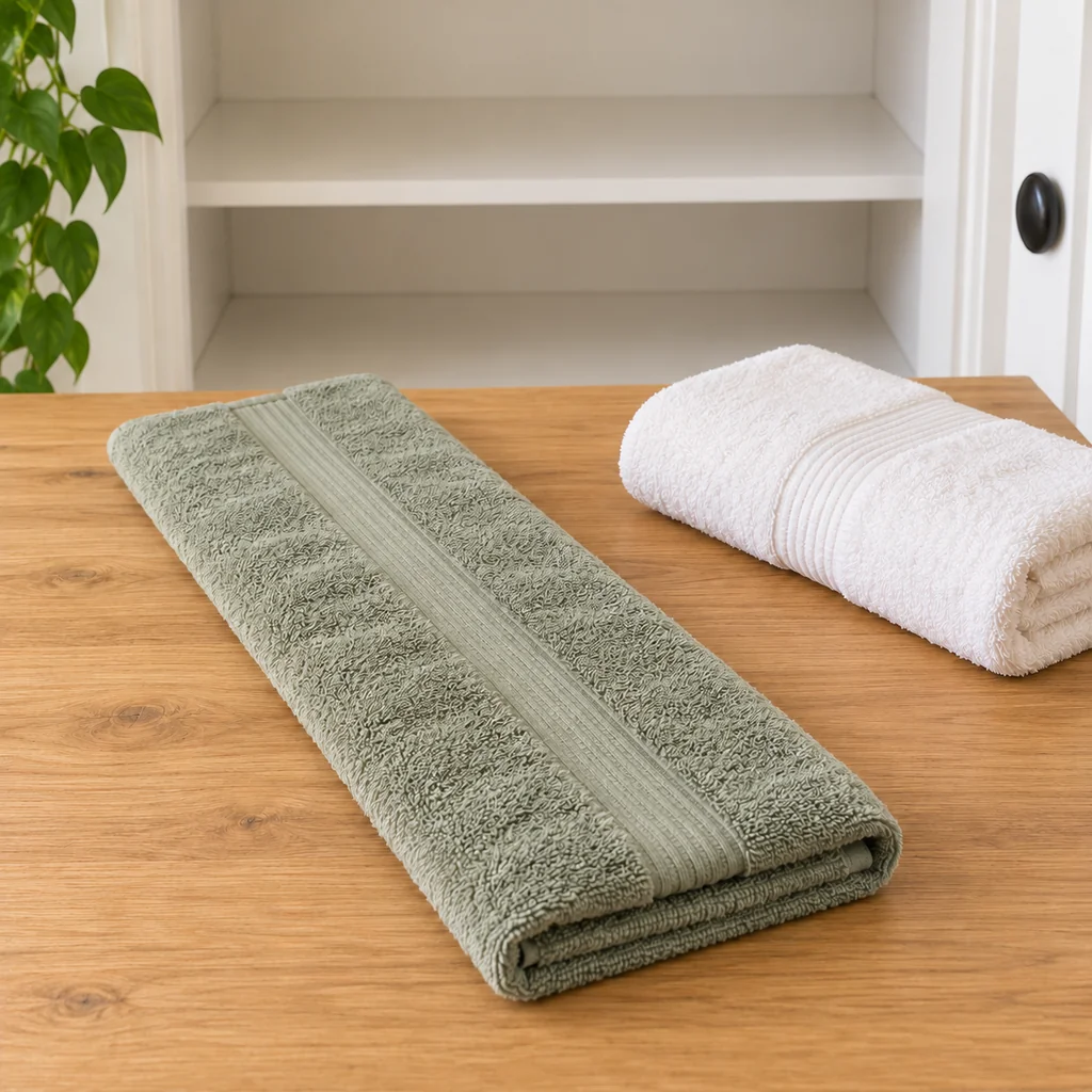 Sage green bath towel folded into a long narrow rectangle on an oak table