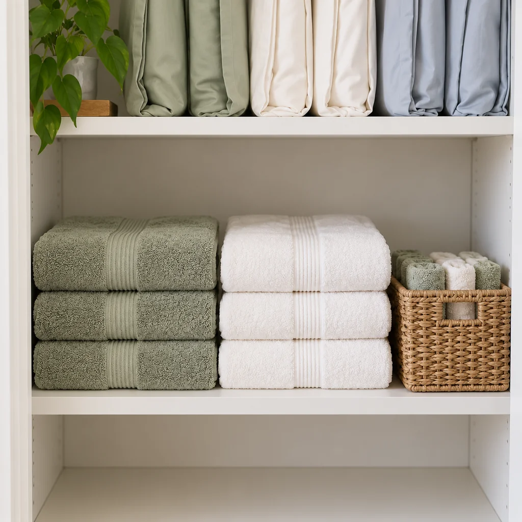 Short stacks of folded sage and white towels fitting behind the linen closet shelf edge beside a washcloth basket