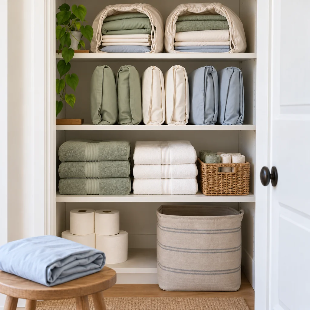 Organized four-zone linen closet with a loose blue sheet bundle on a stool for the weekly reset