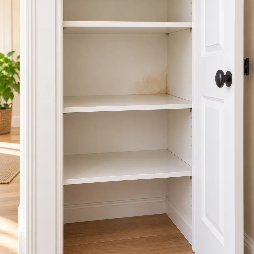 Subtle water staining at the back corner of an empty white linen closet shelf before restocking