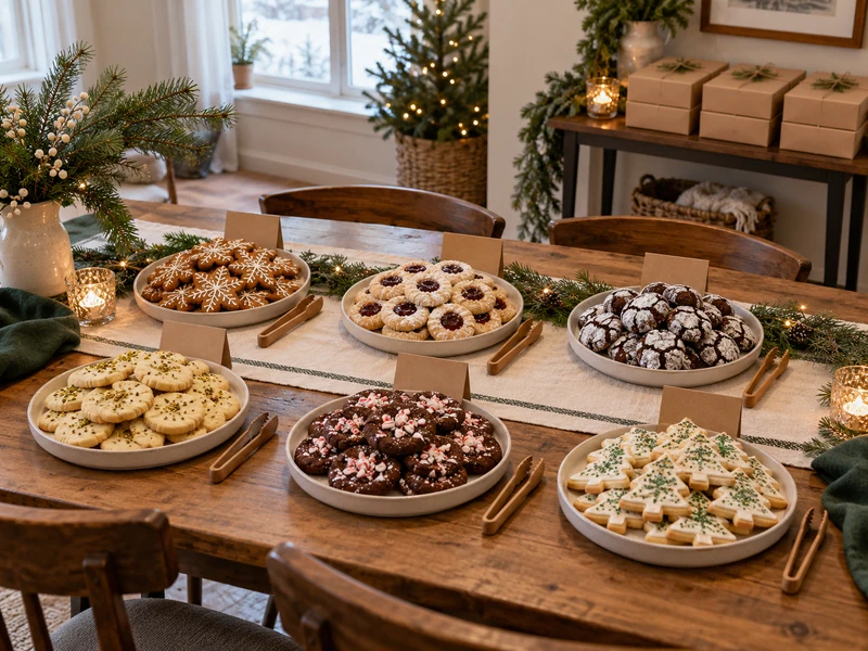 Six trays of different holiday cookies with separate serving tongs and a box station in a small apartment.