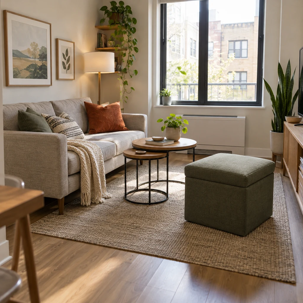 Small living room with a compact sofa, nesting tables and a storage ottoman