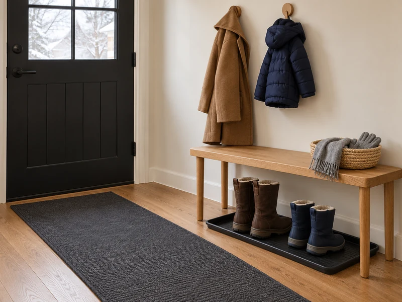 Small winter entryway with two coats on hooks, four boots on a lipped tray, a slim bench and clear runner.
