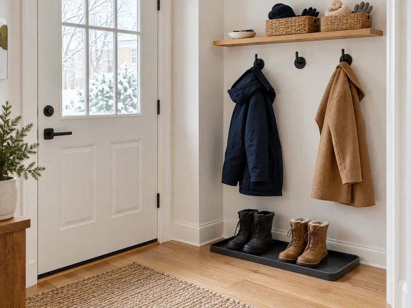 Small winter entryway with a clear walkway, boot tray, separate coat hooks, and dry accessory baskets