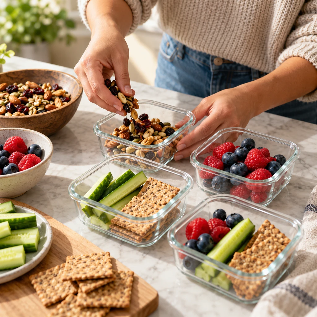 Hands portioning trail mix, berries, cucumber, and crackers into glass containers