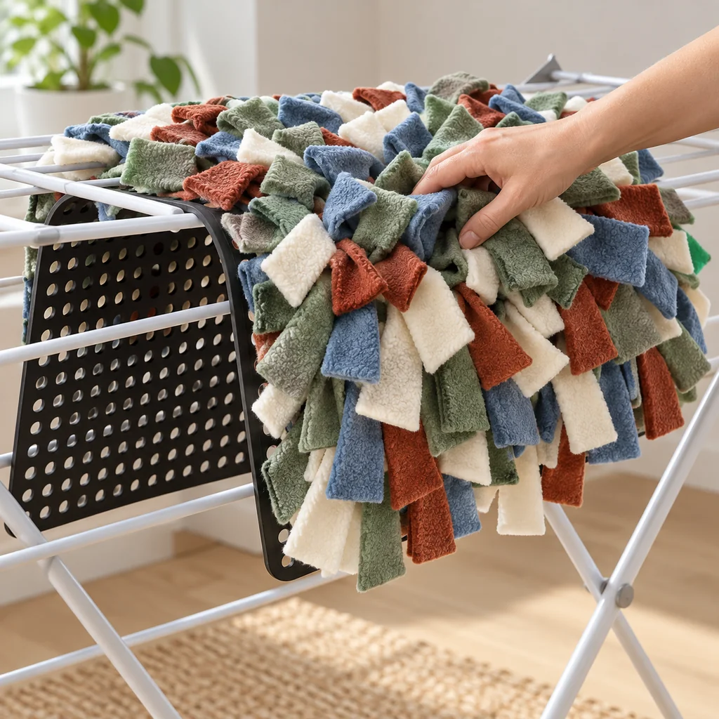 Washed snuffle mat air-drying over a rack while its fleece center is checked