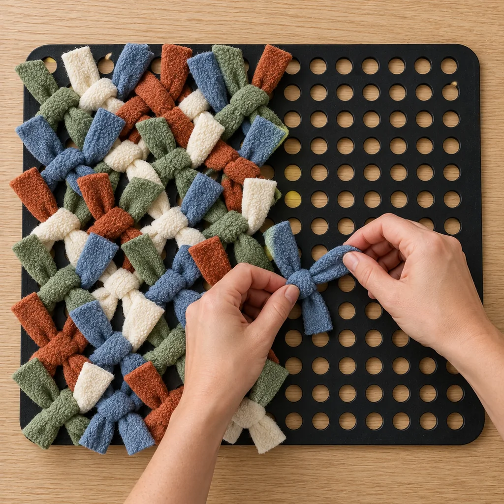 Half-completed snuffle mat with four fleece colors alternating beside the empty rubber grid