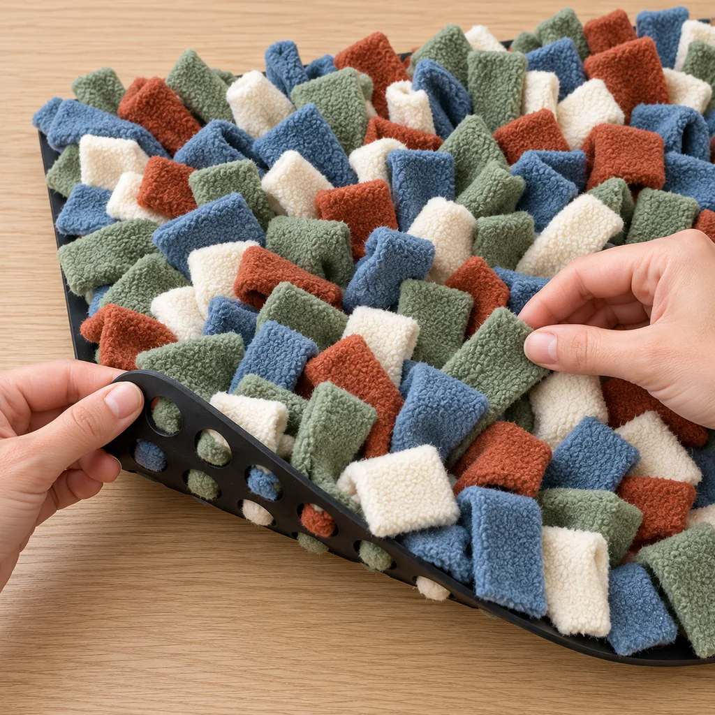 Adult lifting the edge of a dry four-color snuffle mat to inspect its perforated rubber underside and fleece strips