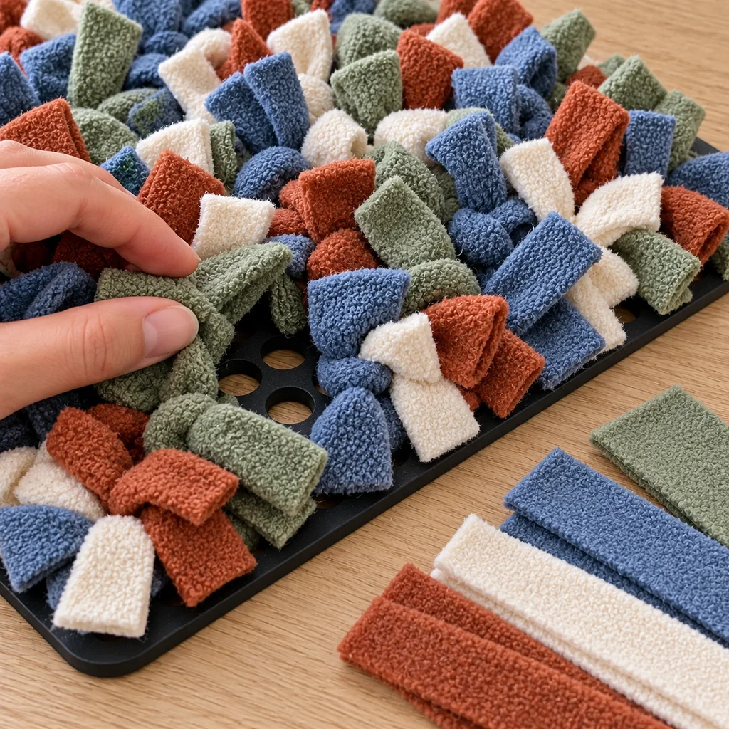 Fleece parted to reveal a small uncovered area of the snuffle mat rubber base
