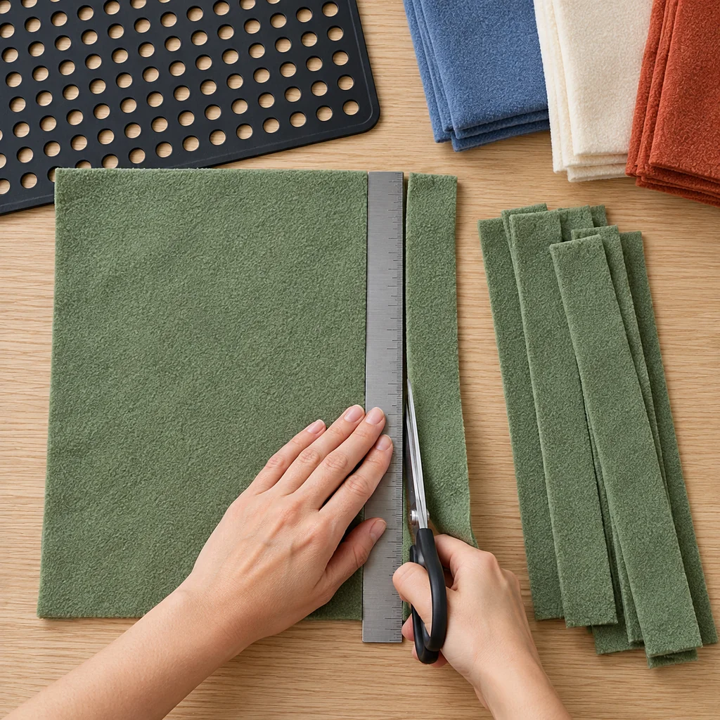 Sage green fleece panel being cut into long narrow strips with a ruler and fabric scissors