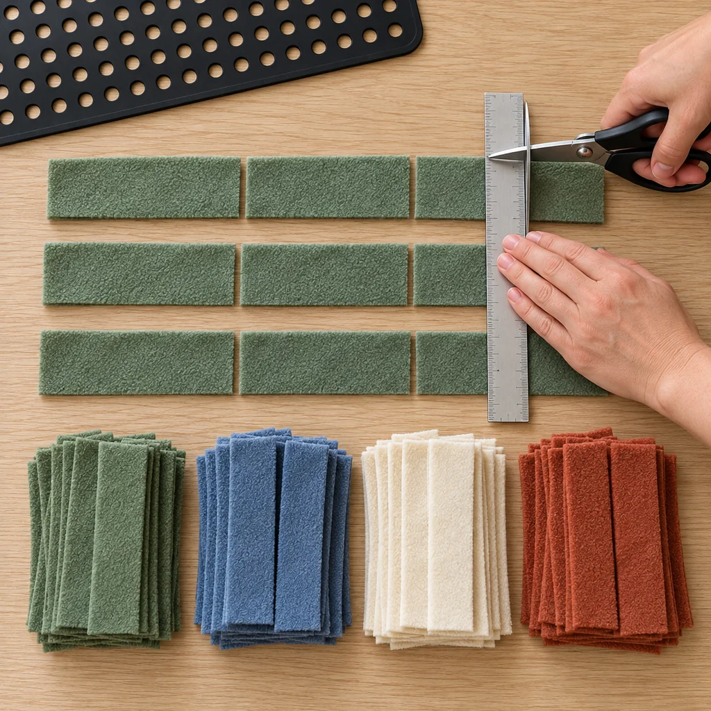 Long fleece strips being cut crosswise into three equal short pieces beside four color stacks