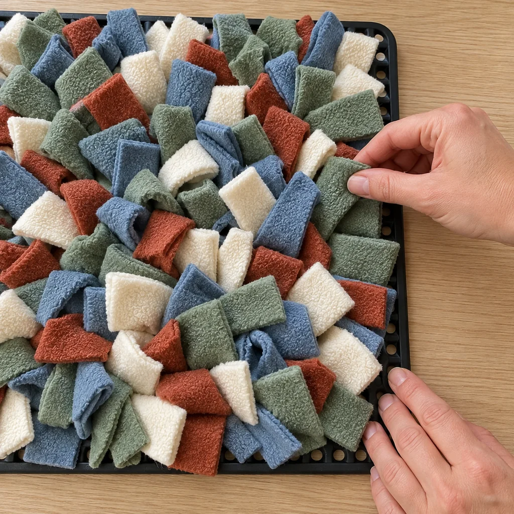 Hand checking one fleece strip while holding the snuffle mat base flat