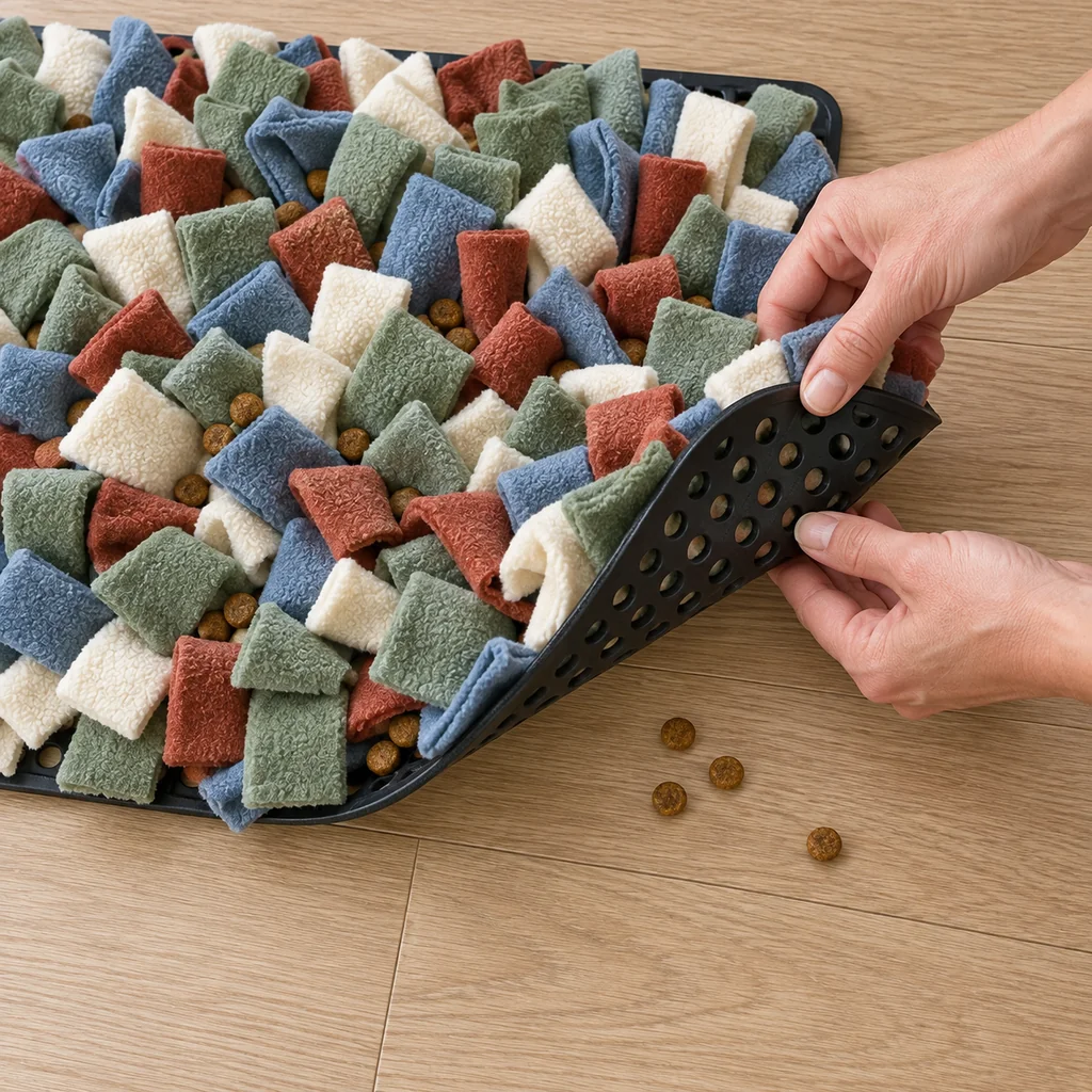 Finished snuffle mat lifted to check for leftover kibble on the floor after a session