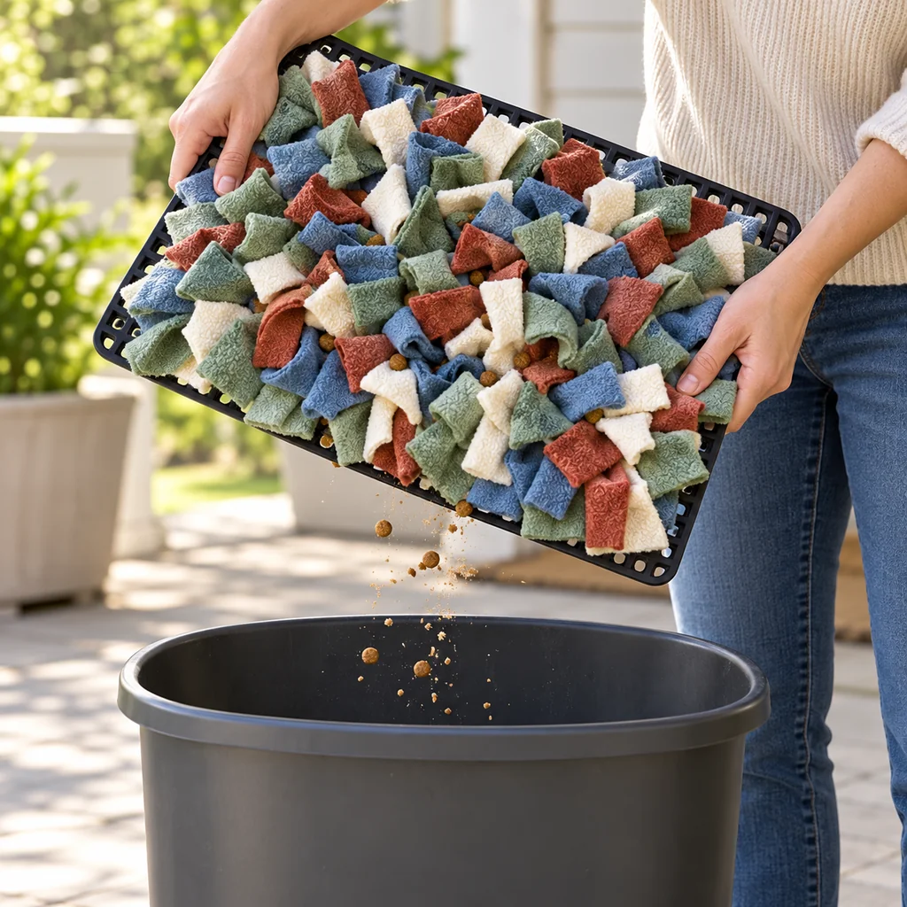 Crumbs shaken from a four-color fleece snuffle mat into a bin outdoors