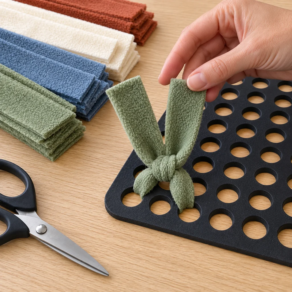 Single sage fleece test strip tied through two round holes before cutting the remaining snuffle mat pieces