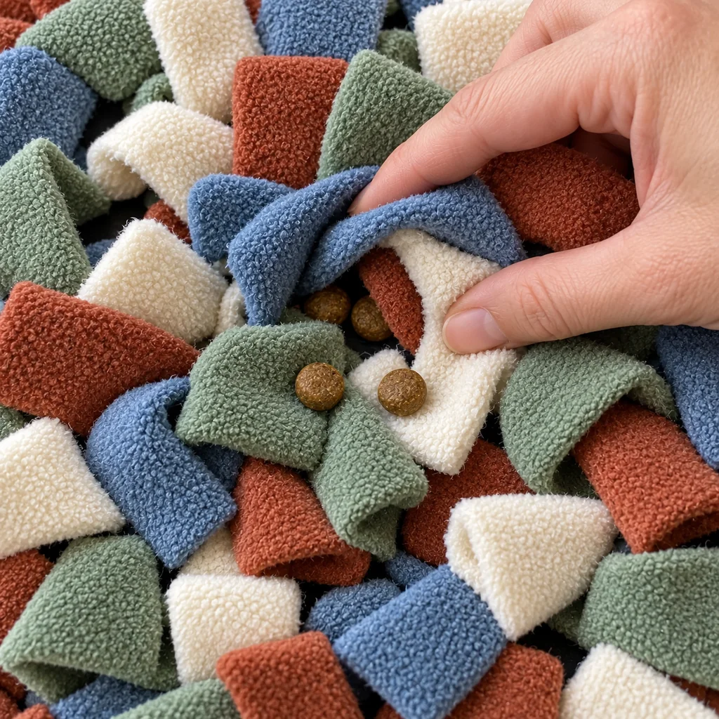 Four dry kibble pieces with two partly tucked between the fleece tails of a four-color snuffle mat