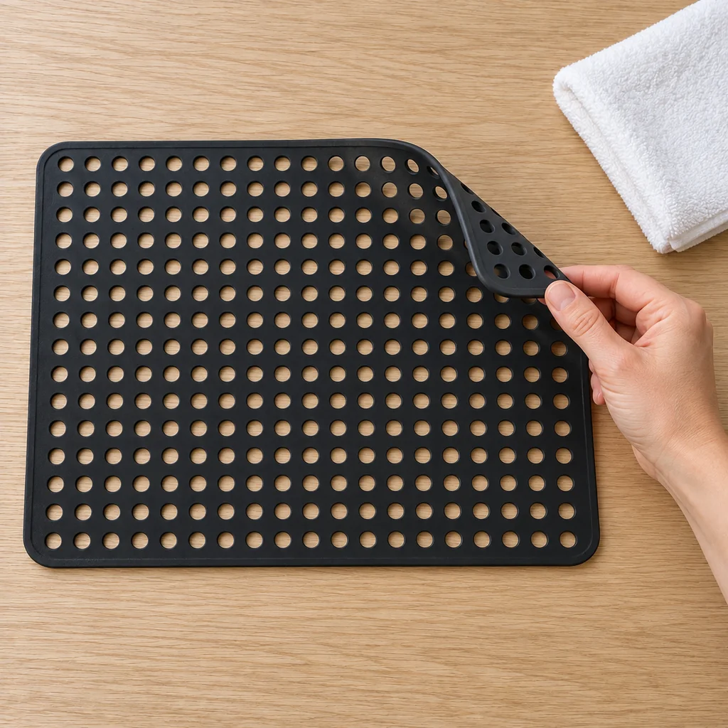 Adult flexing the clean dry perforated rubber mat to inspect its edge and holes