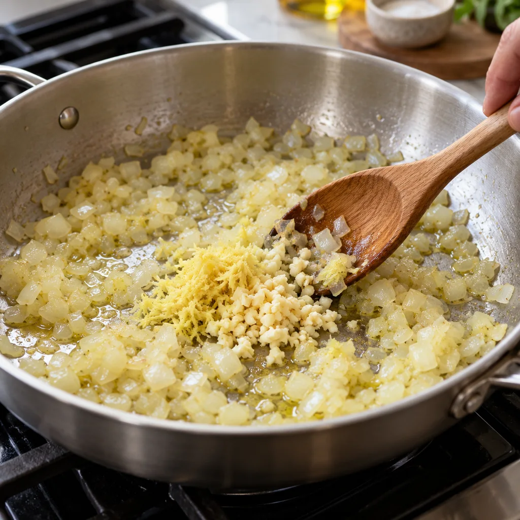 Chopped onion, minced garlic and grated ginger softening in olive oil
