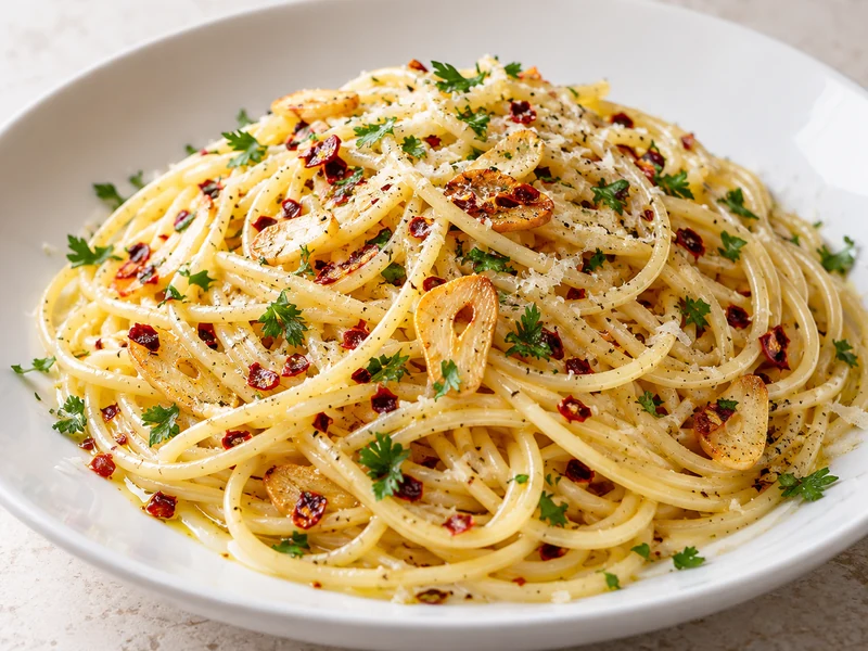 Finished spaghetti aglio e olio with golden garlic slices, chili flakes, parsley and optional Parmesan