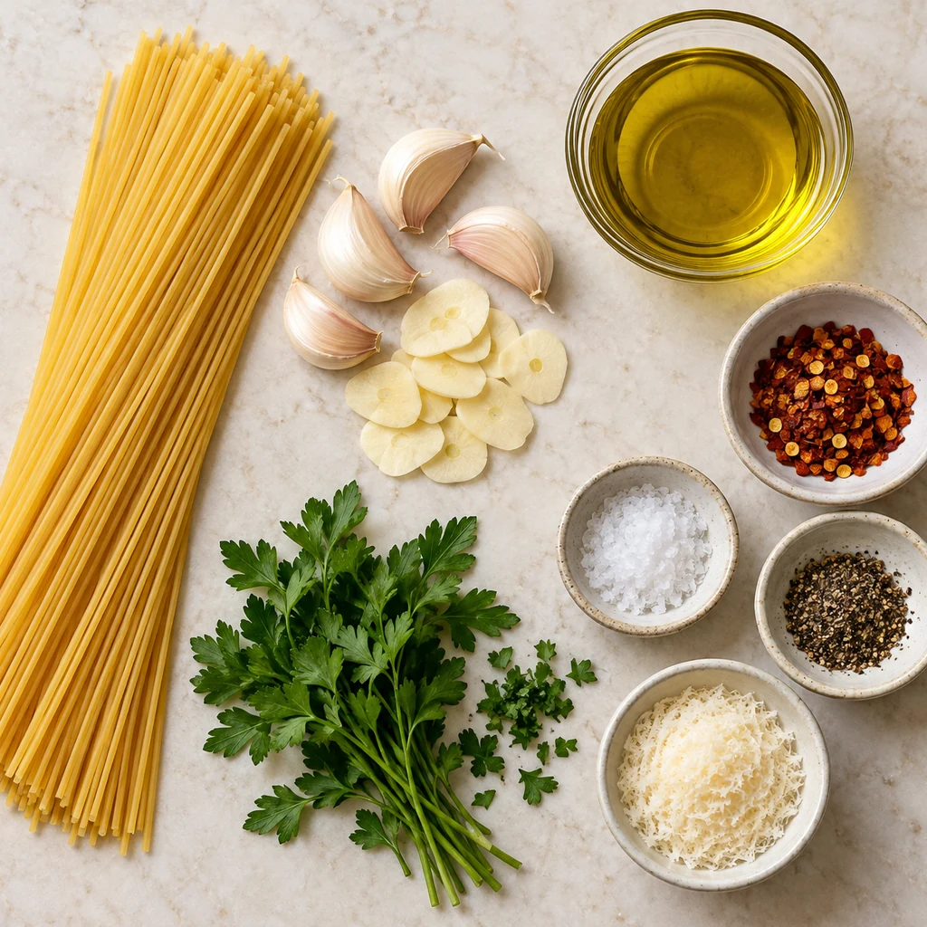 Dry spaghetti, sliced garlic, olive oil, chili flakes, salt, pepper, parsley and optional Parmesan arranged separately