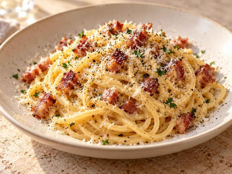 Finished spaghetti carbonara with crisp guanciale, grated cheese and black pepper in a bowl