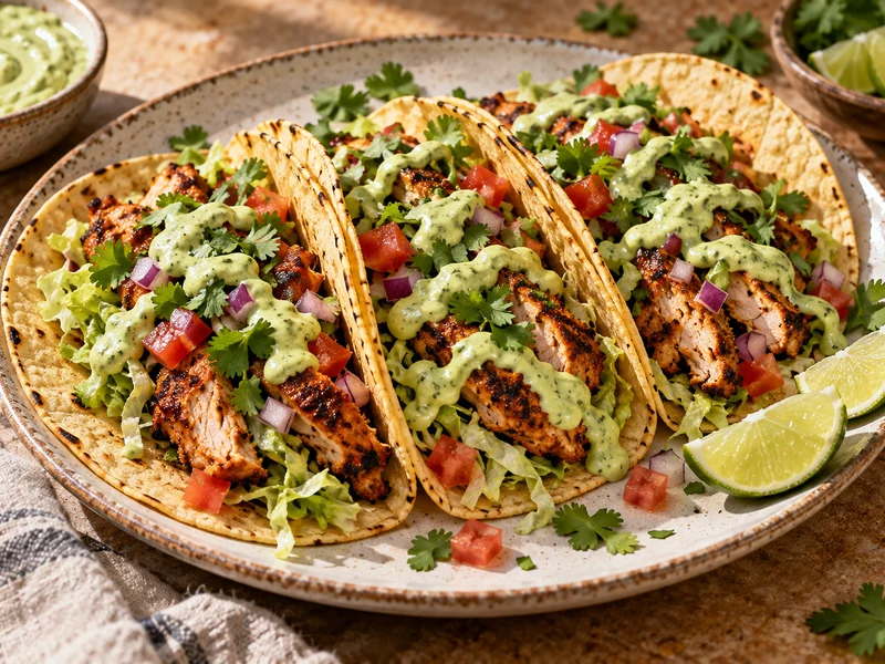 Spicy chicken tacos with creamy avocado sauce, lettuce, tomato, red onion and cilantro