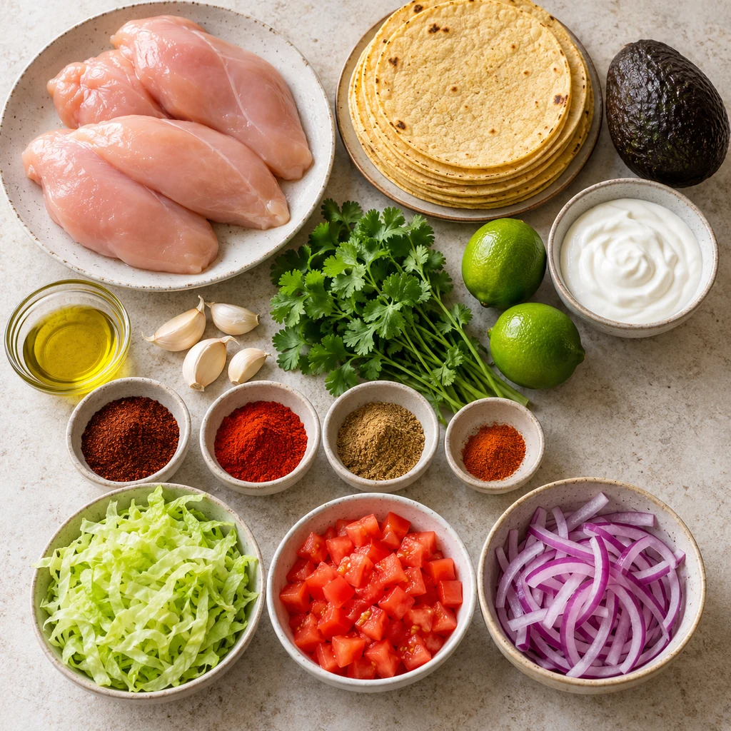 Chicken breasts, tortillas, avocado, Greek yogurt, lime, cilantro, spices and taco vegetables