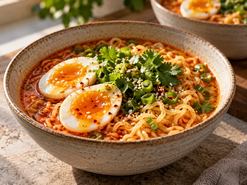Finished bowl of spicy Sriracha ramen with soft-boiled egg halves and scallions