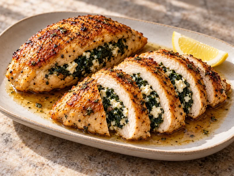 Cooked spinach and feta stuffed chicken breasts sliced on a platter with lemon