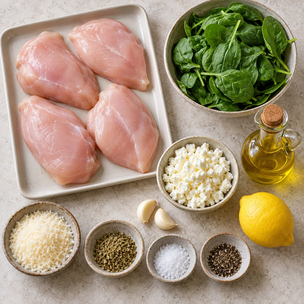 Chicken breasts, fresh spinach, feta, garlic, lemon, olive oil, oregano, salt, pepper and Parmesan arranged for the recipe