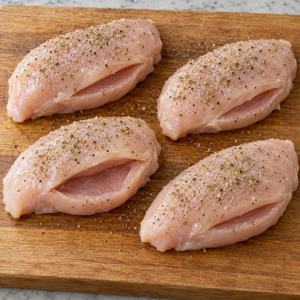 Boneless chicken breasts with deep side pockets cut into them and seasoned with oregano, salt and pepper