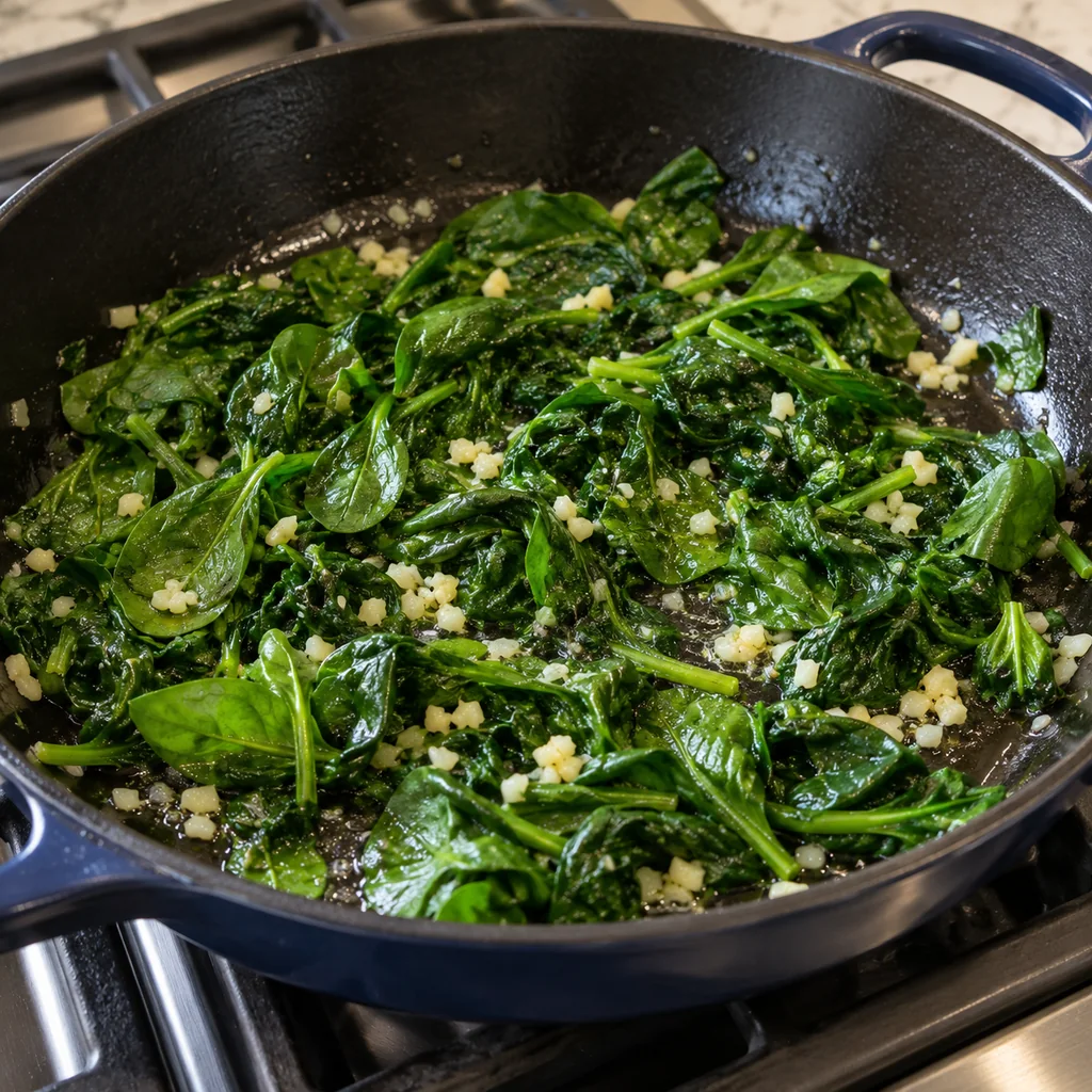 Chopped spinach wilting with minced garlic in an oven-safe skillet