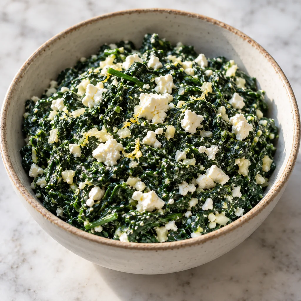 Wilted spinach combined with crumbled feta and lemon juice in a small bowl