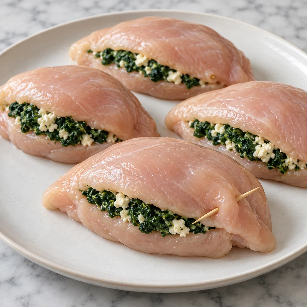 Raw chicken breast pocket filled with spinach and feta and secured with a toothpick