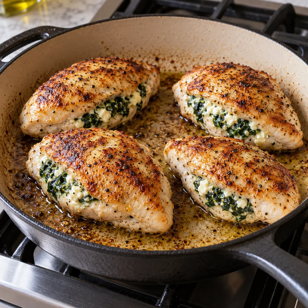 Stuffed chicken breasts browning on both sides in an oven-safe skillet with filling tucked inside
