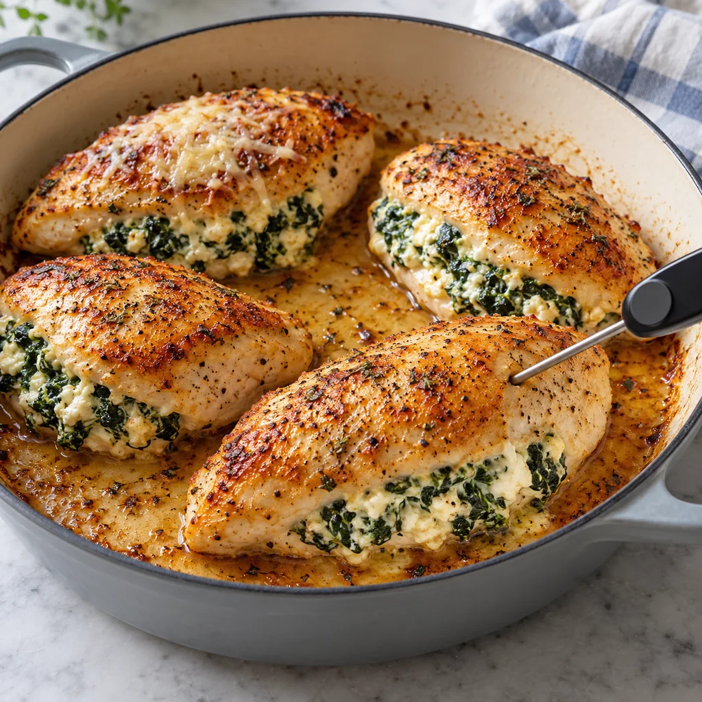 Golden stuffed chicken breasts in an oven-safe skillet with an instant-read thermometer checking the thickest piece