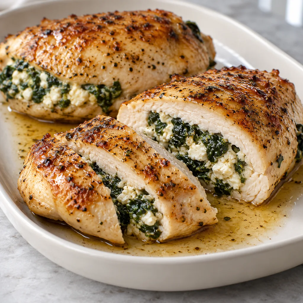 Rested spinach and feta stuffed chicken sliced to show the cooked filling on a serving plate
