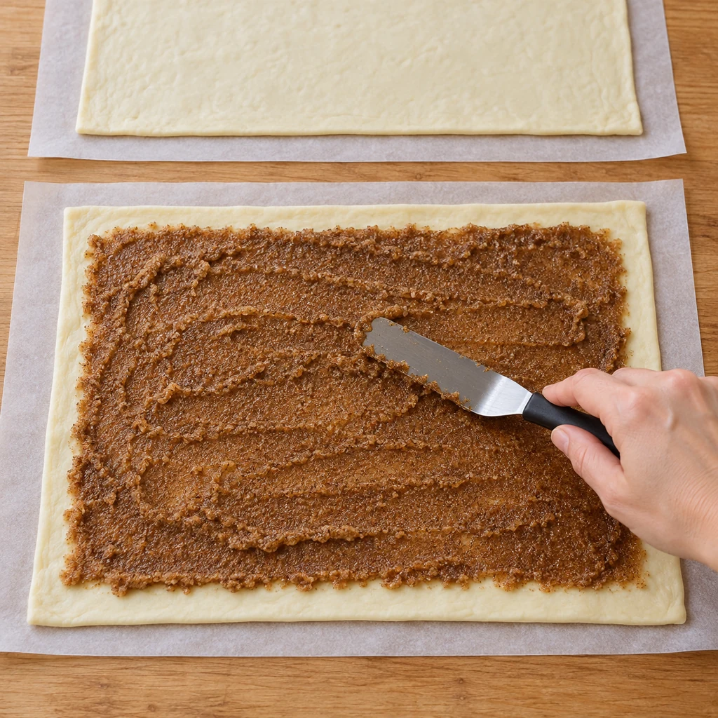 Cinnamon sugar butter filling spread over a cold rectangular puff pastry sheet
