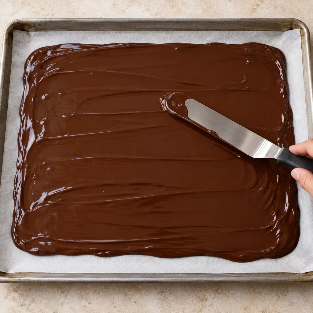 Glossy melted dark chocolate being spread evenly over parchment