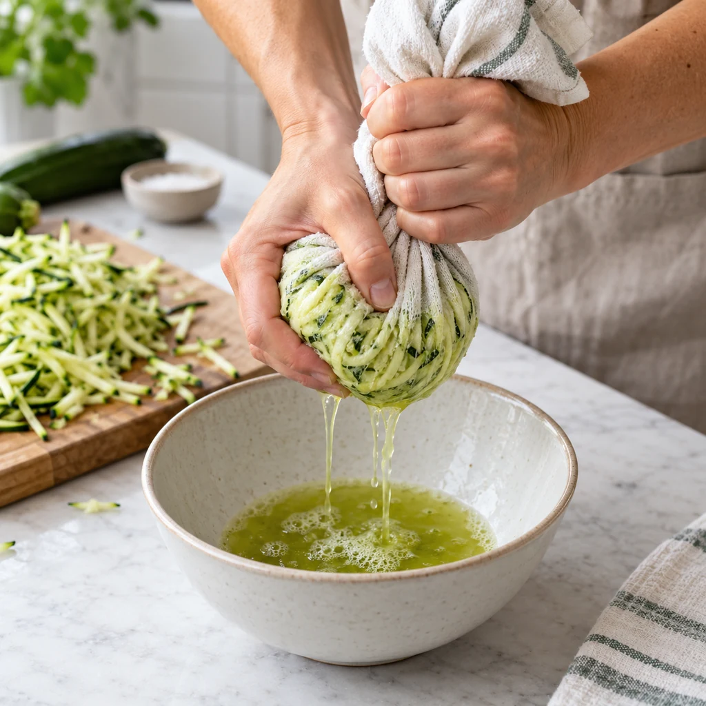 Grated zucchini being squeezed dry in a clean kitchen towel over a bowl