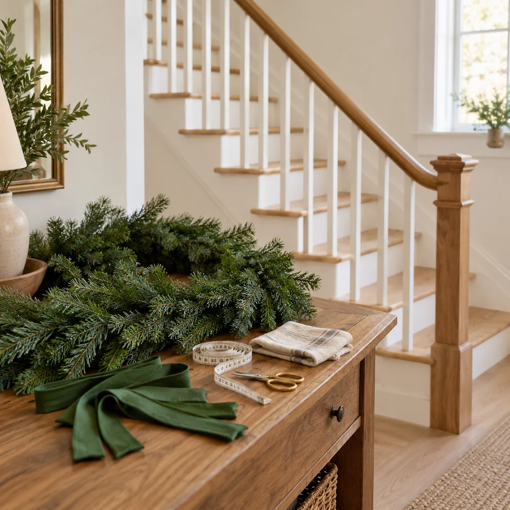 Unlit faux garland, soft green ties, measuring tape, scissors, and cloth beside an undecorated staircase
