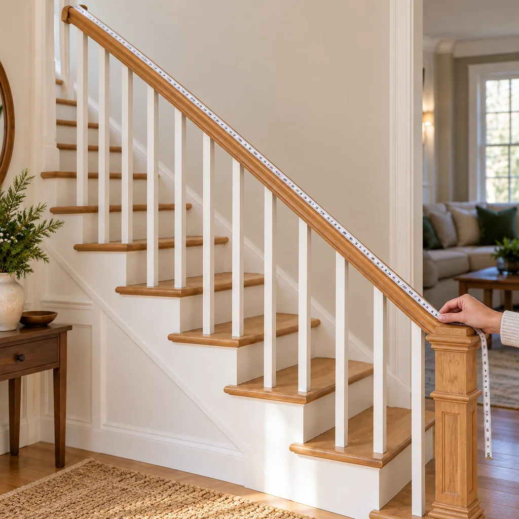 Cloth measuring tape following the length of a bare sloping oak stair handrail