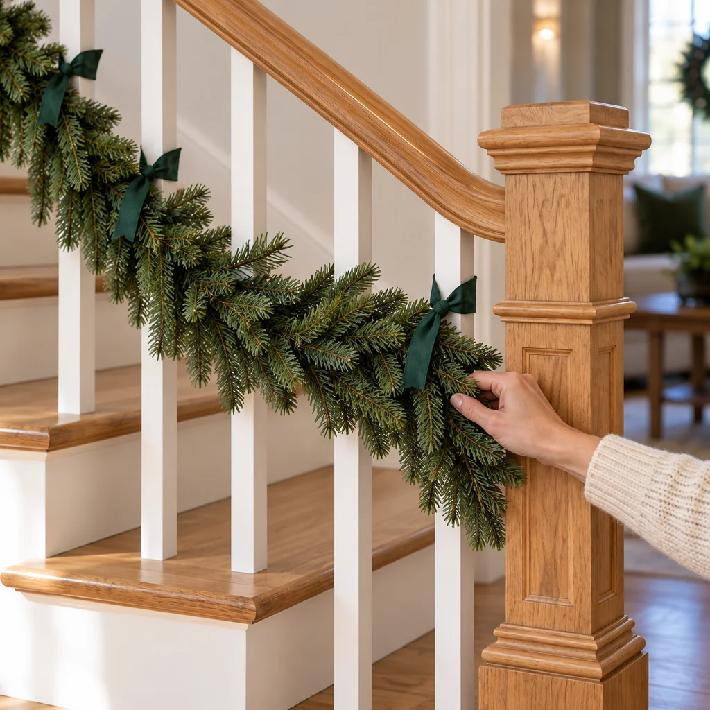 Lower end of the garland secured to a baluster beside the oak newel post
