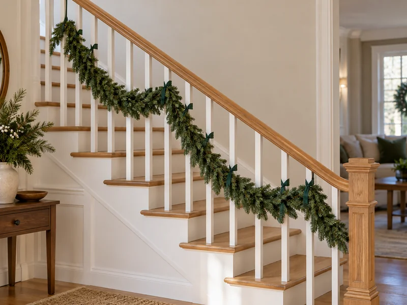 Unlit evergreen garland tied to white stair balusters below a bare oak handrail