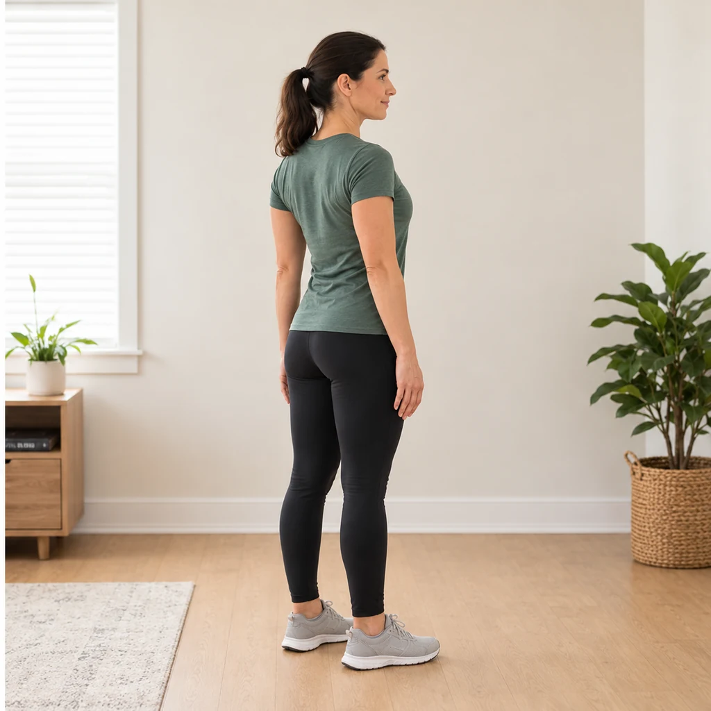 Adult gently drawing the shoulder blades back and down while standing