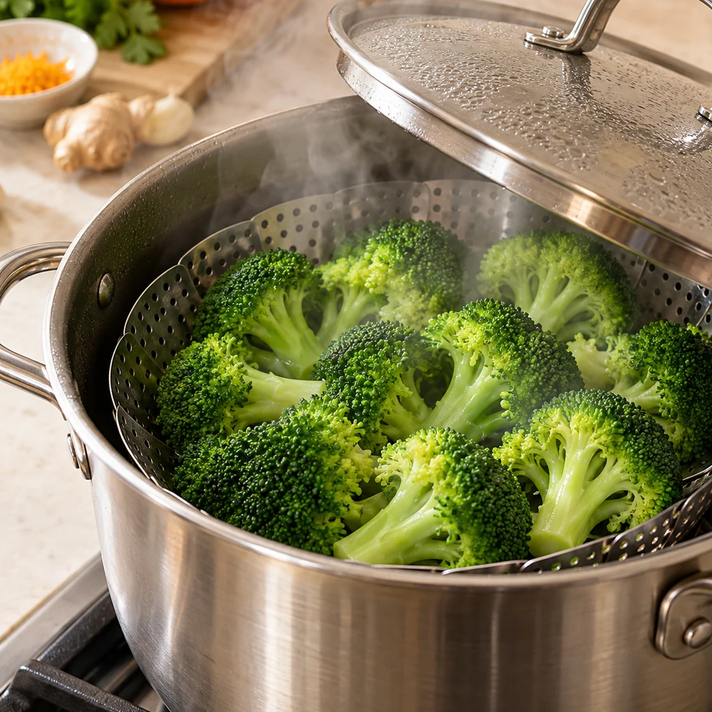 Bright green broccoli florets steaming in a metal basket inside a covered pot