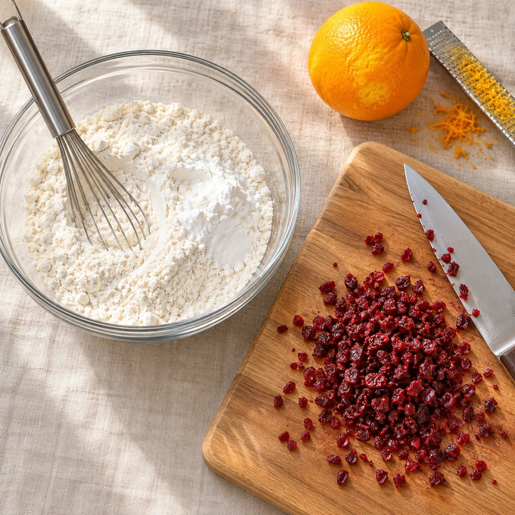 Flour and cornstarch beside finely chopped dried cranberries for shortbread