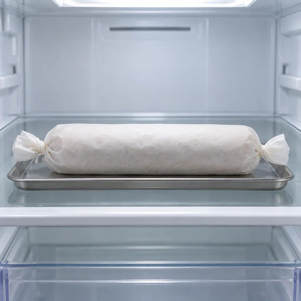 Cranberry orange shortbread dough log wrapped in parchment and chilling