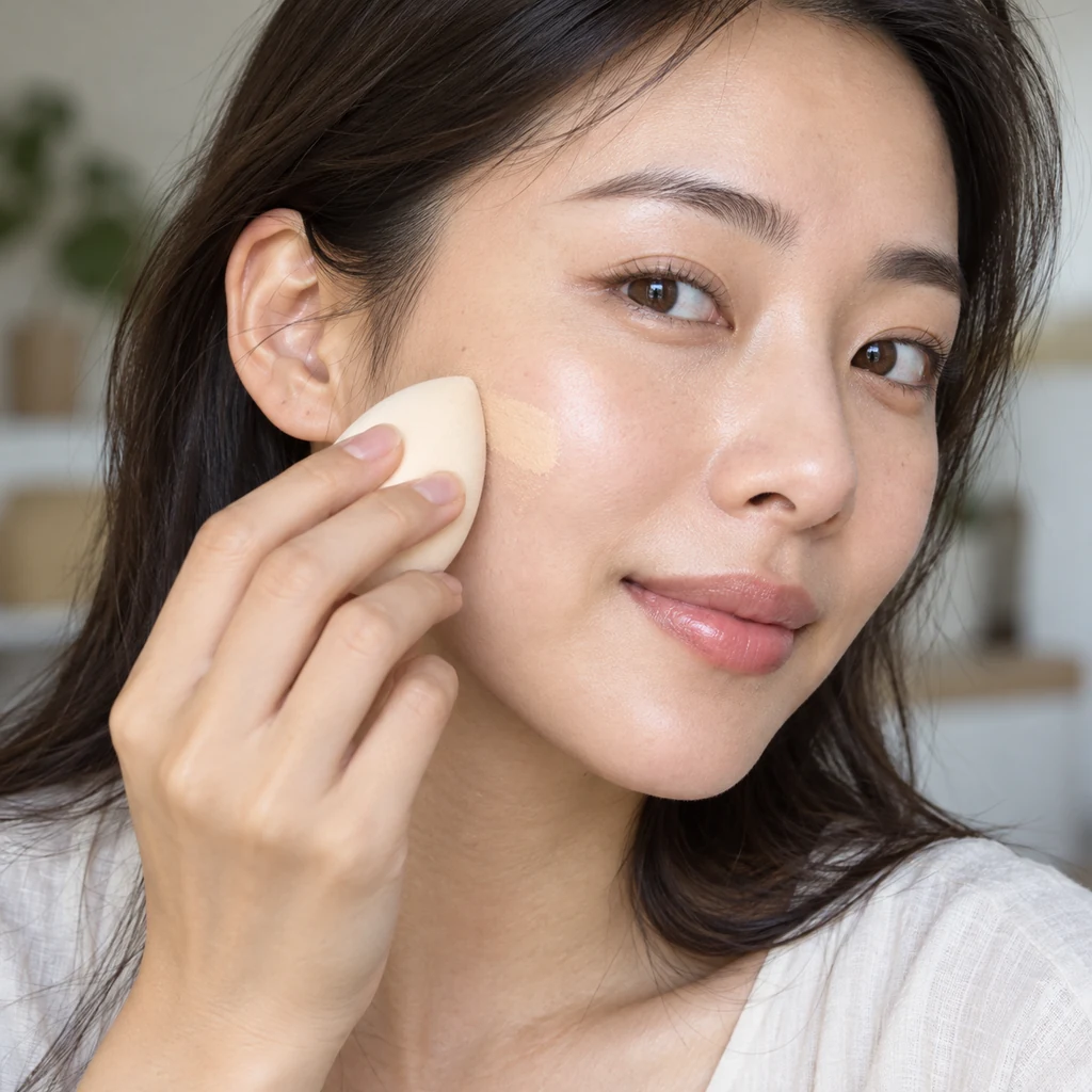 Adult applying a small amount of lightweight complexion product to one cheek with a sponge
